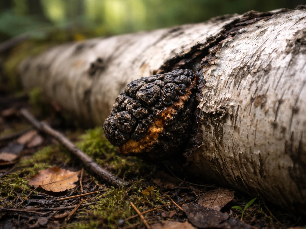 Outdoor birch log with a partially formed chaga conk emerging from the bark.