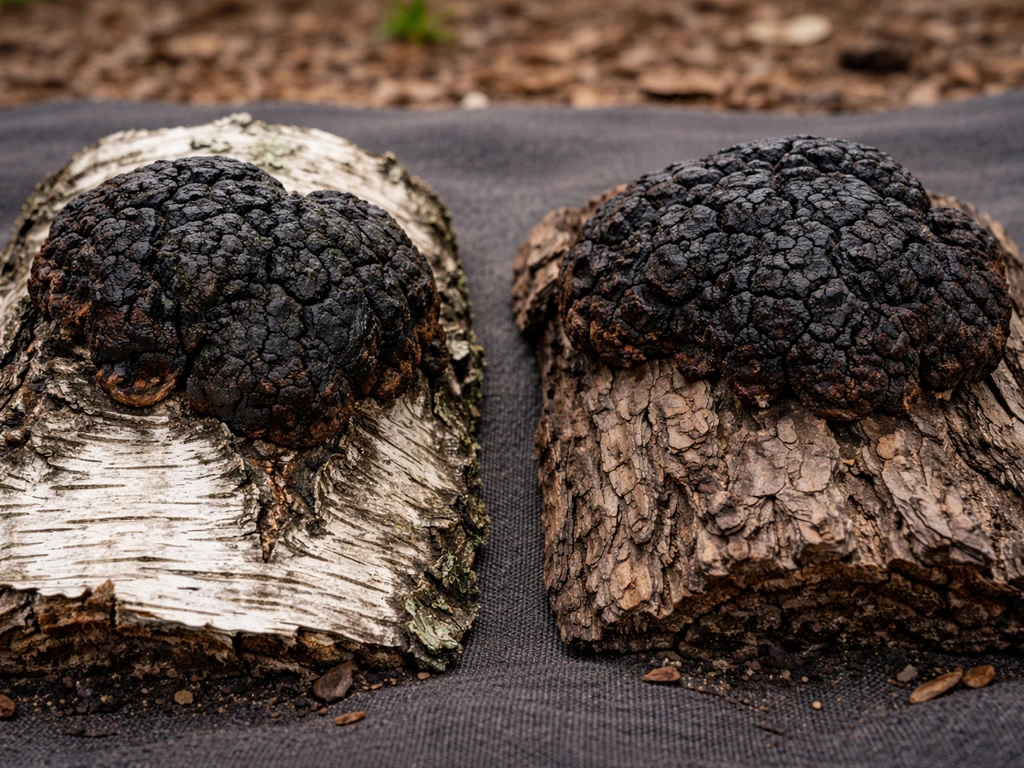 Close-up split view: chaga-like fungus on birch bark next to rough wood bark lookalike, highlighting species confirmatio