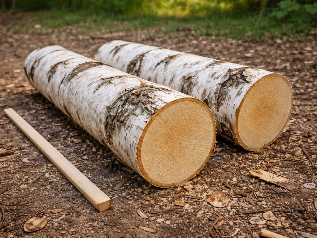 Freshly cut birch logs with intact pale bark prepared on the ground before drilling
