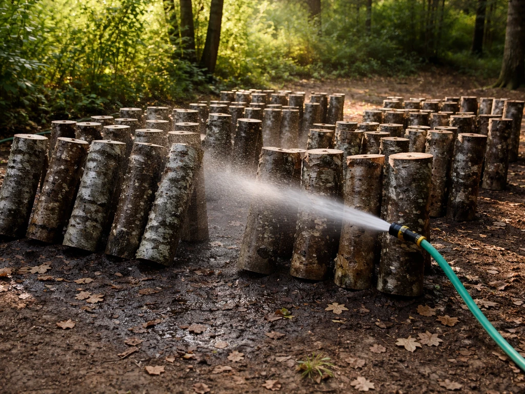 Shaded outdoor logs for mushroom cultivation with a gentle watering setup to keep them moist