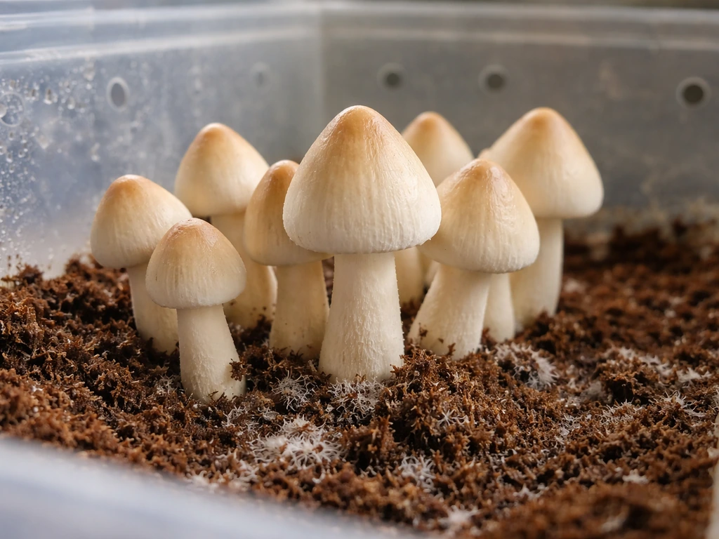 Close-up of termite mushrooms (Termitomyces) emerging from moist earthy substrate in a small grow setup.