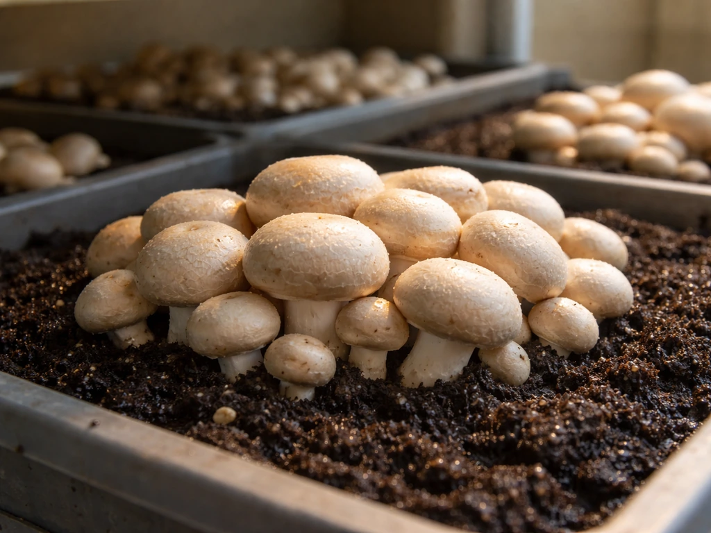 Fresh Agaricus bisporus mushrooms fruiting in shallow trays with visible casing layer and tiny moisture droplets.