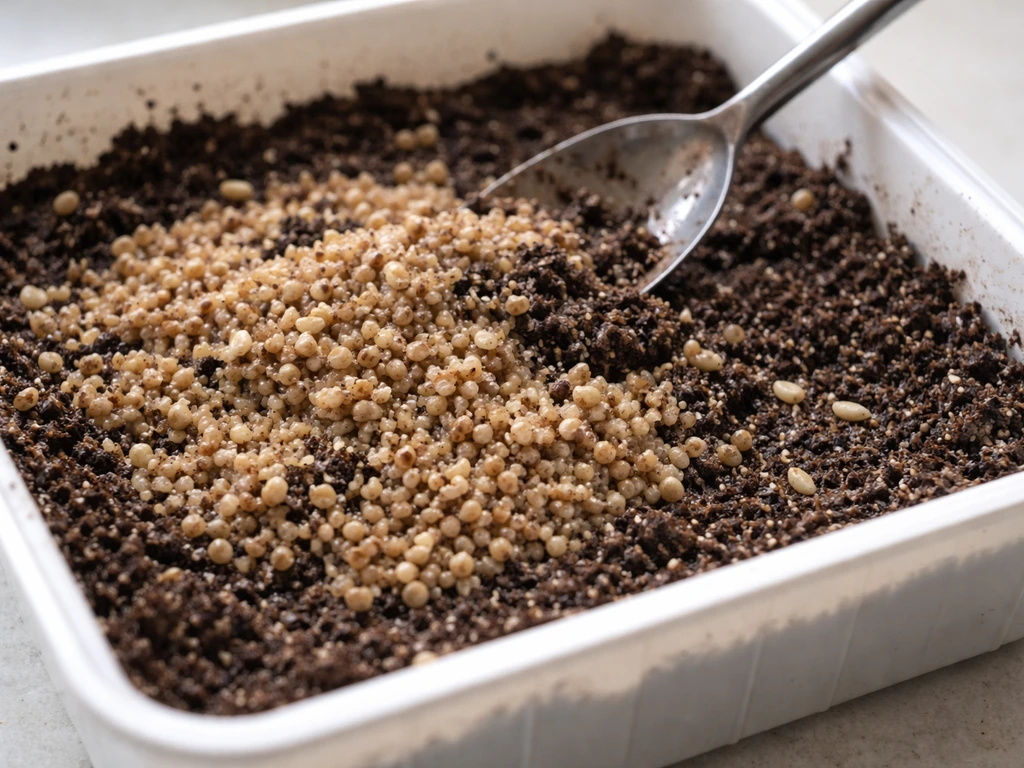 Cooled substrate being evenly mixed with visible cereal-grain mushroom spawn in a simple grow tray