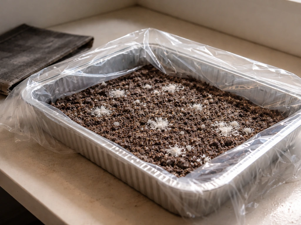 Cased tray with mushrooms starting to colonize, loosely covered with a plastic sheet in a clean indoor setup