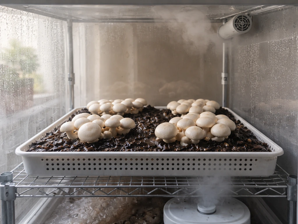 Button mushrooms growing on a moist tray inside a small humidified chamber with a vent and fan.