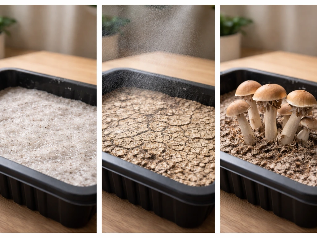 3-panel photo grid showing inactive casing, dry cracked casing, and torn early mushroom caps for troubleshooting.