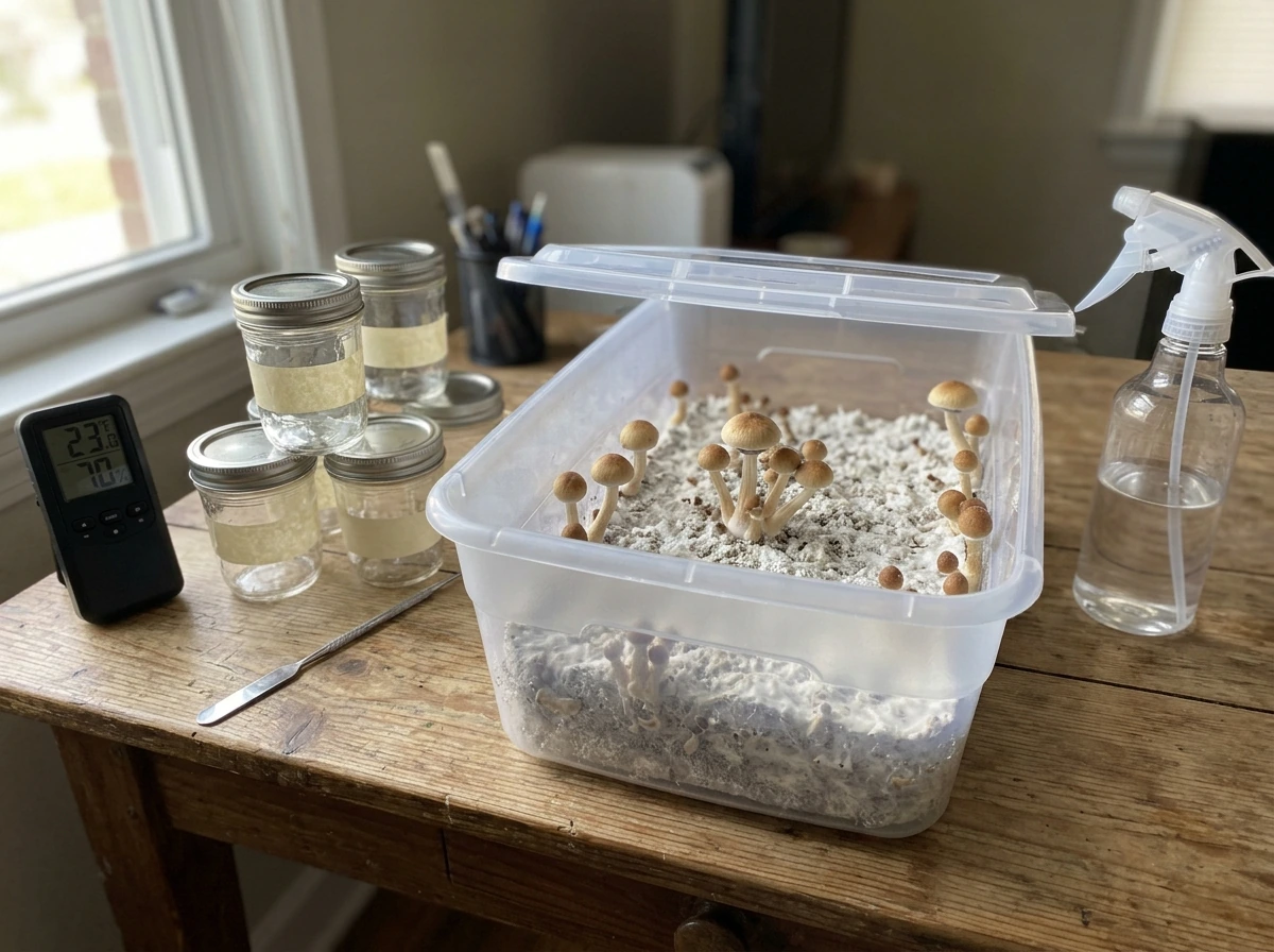 Fresh mushrooms and grow-room tools arranged to show the overall Psilocybe cultivation theme