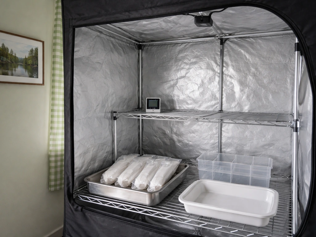 Empty indoor mushroom grow tent with sterile supplies and a small hygrometer/thermometer inside.