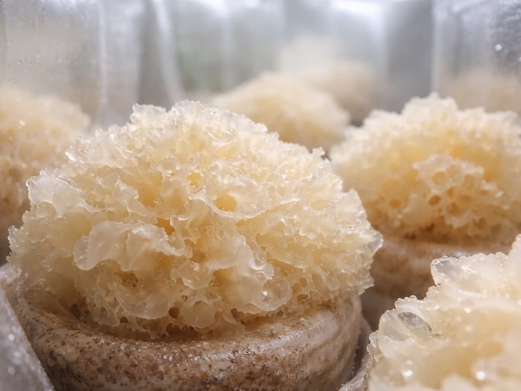 Close-up of pale ivory snow fungus clusters with frilly jelly texture in a humid grow setup.