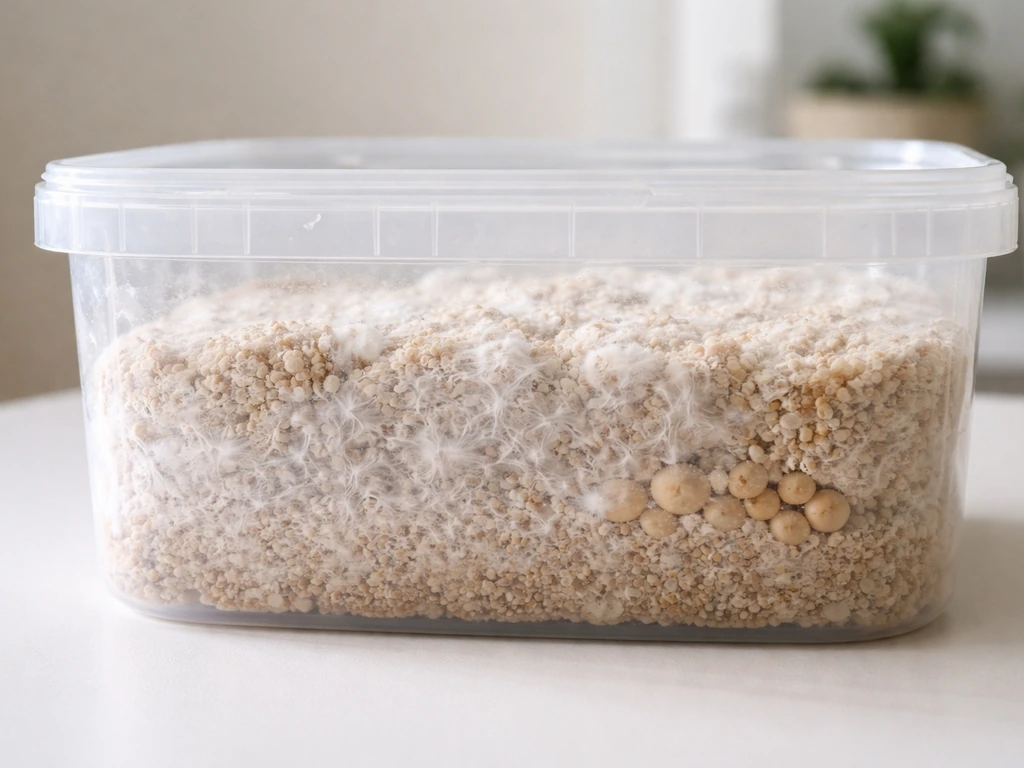 Close-up of a sealed cultivation container showing white mycelium colonization and early sclerotia nodules.