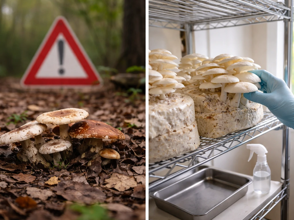 Clean indoor setup with oyster mushrooms on a shelf, contrasting an avoided wild mushroom patch outside.