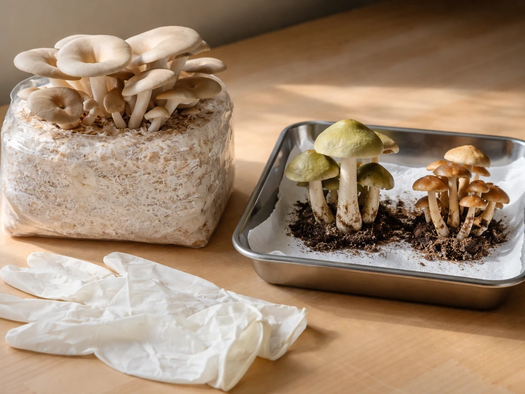 Tabletop comparison: oyster grow block with mushrooms versus separate container of toxic-looking mushrooms.