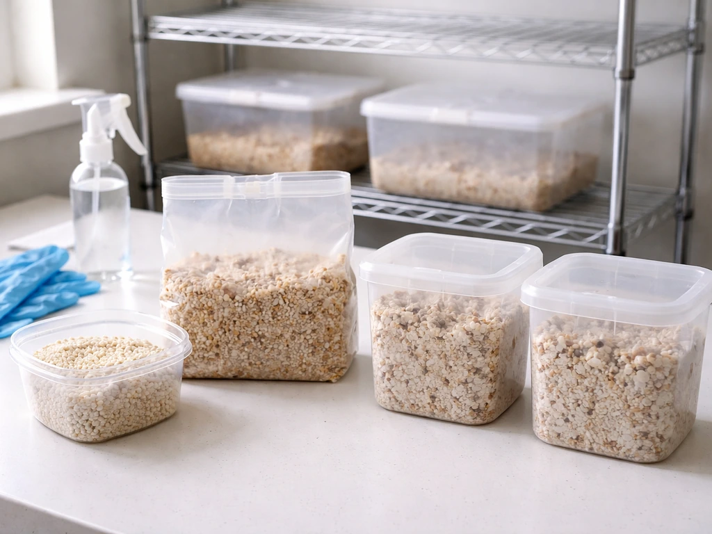 Clean countertop setup showing spawn, prepared substrate, inoculation jars, and a simple incubation rack.