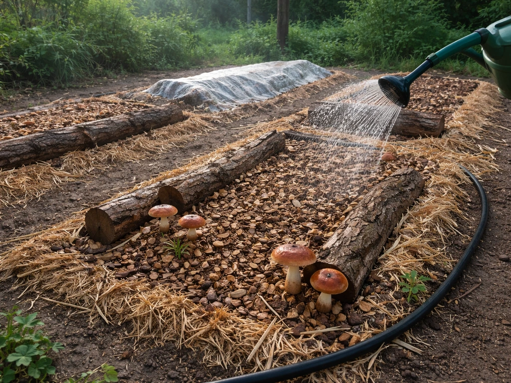 Outdoor wood-chip and log mushroom beds with watering can/drip setup and light humidity cover.