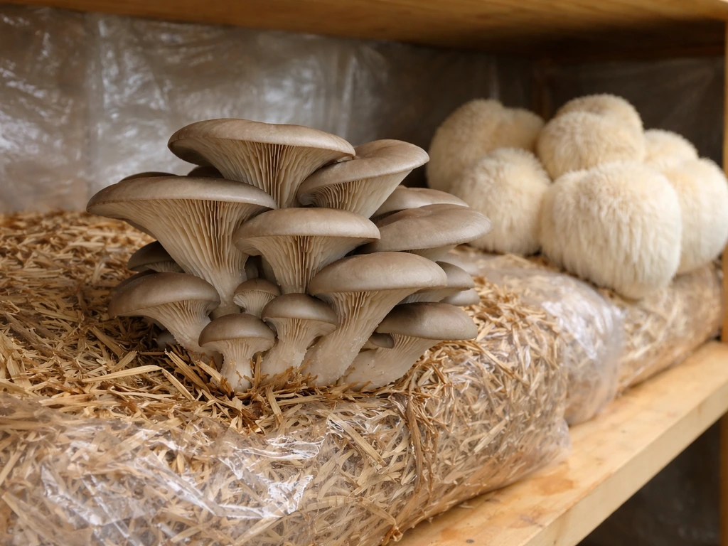 Mature oyster and lion’s mane mushrooms fruiting on clean straw and a simple shelf indoors.