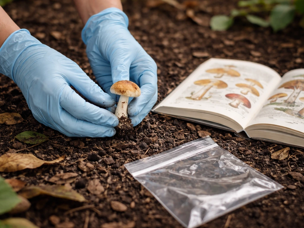 Gloved hands placing a suspected wild mushroom into a small disposal bag beside a field guide.
