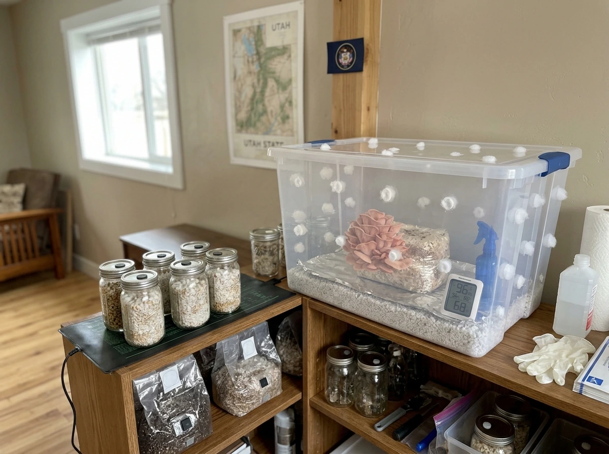 Utah indoor grow setup with humidity chamber and clean jars, illustrating lawful home mushroom cultivation basics