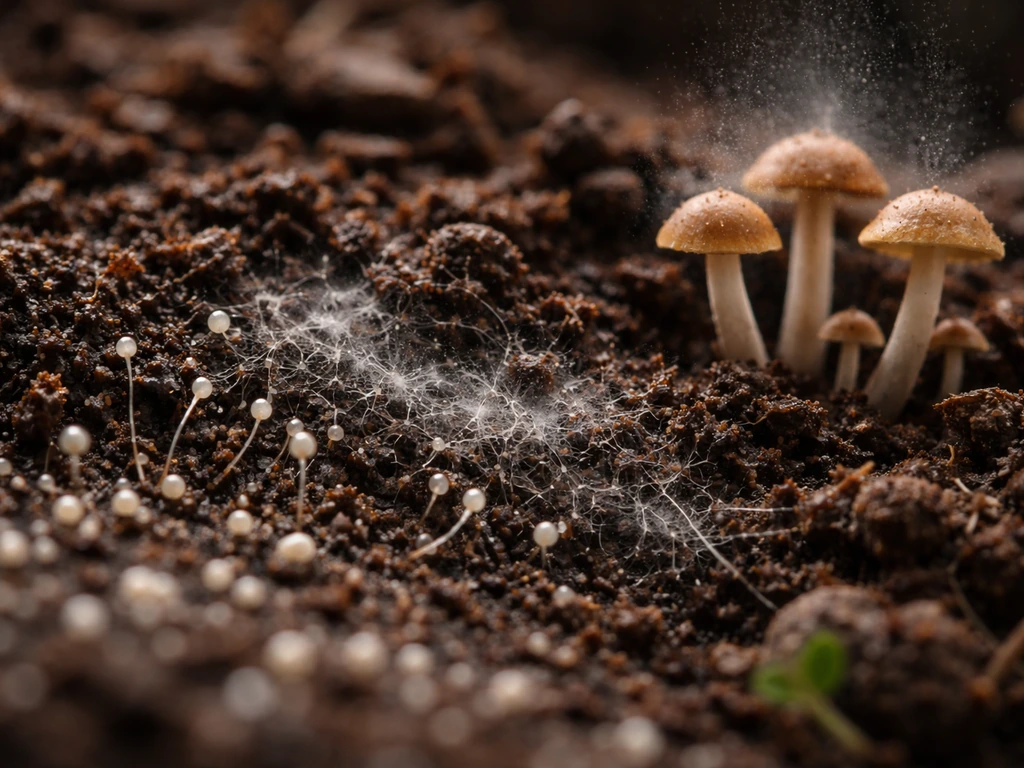 Macro view of fungal spores germinating and mycelium spreading, with small fruiting bodies in soil.