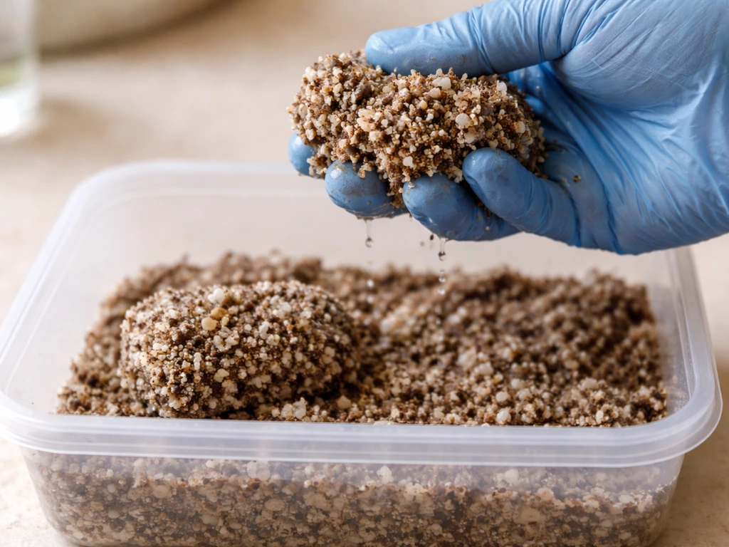 Gloved hand squeezing mushroom substrate over a tub, showing moist but not waterlogged texture