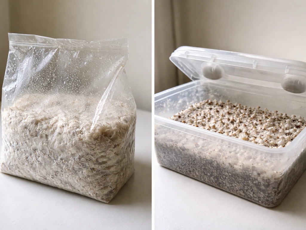 Side-by-side grow setup: sealed mycelium bag with condensation next to a vented fruiting bin with mushrooms.