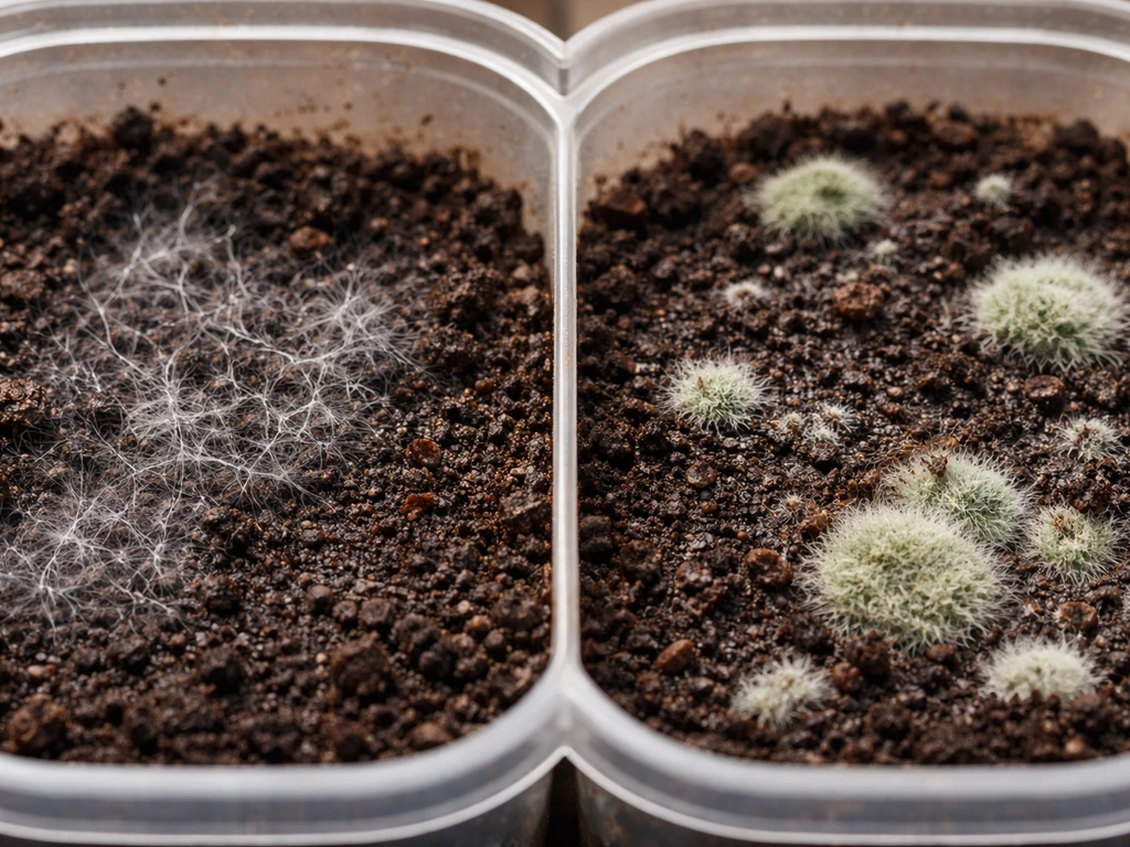 Close-up of side-by-side soil: white mycelium on one side and green mold patches on the other.